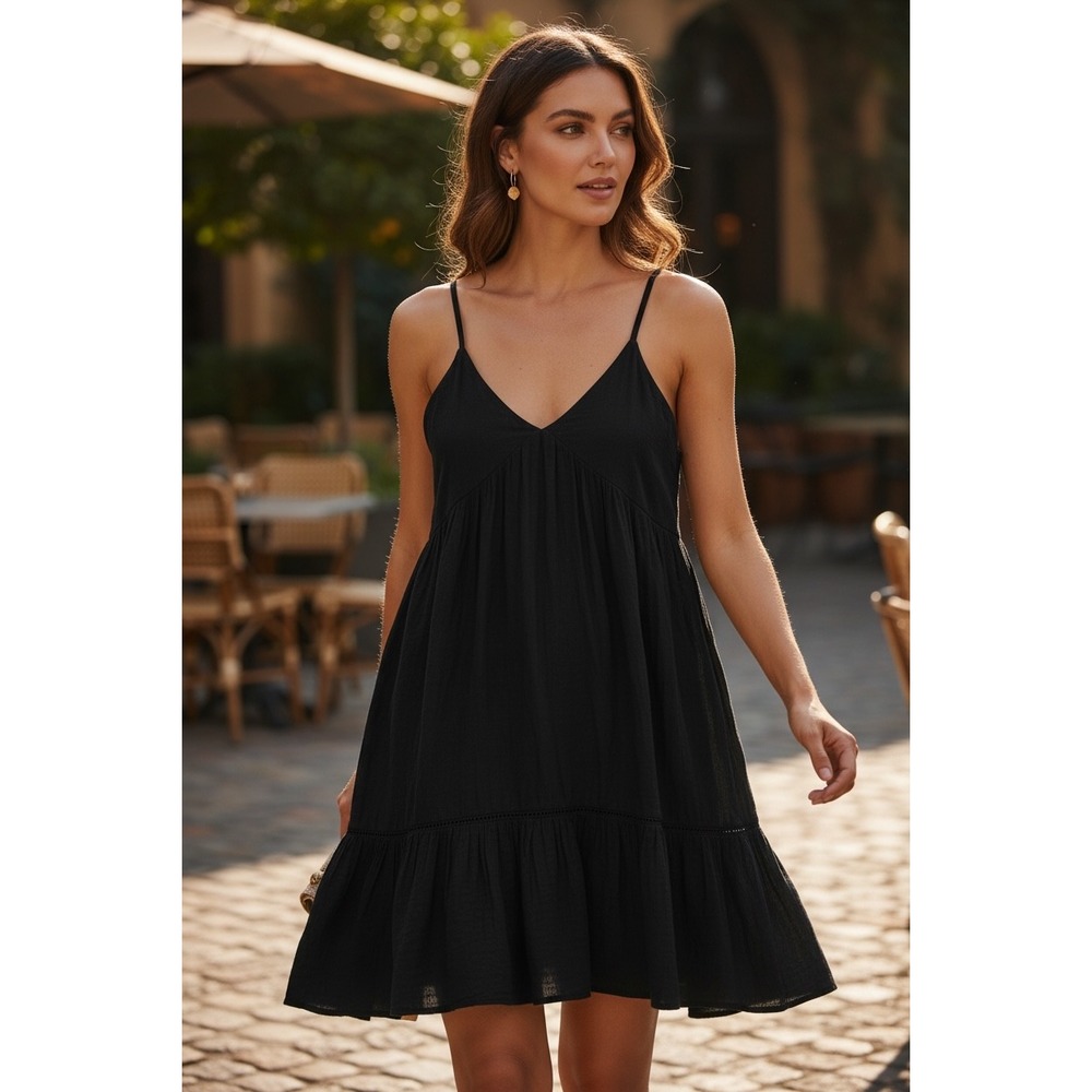 Nyland Black Tiered Babydoll Mini Dress V-Neck Feminine Flowy 82526 Small